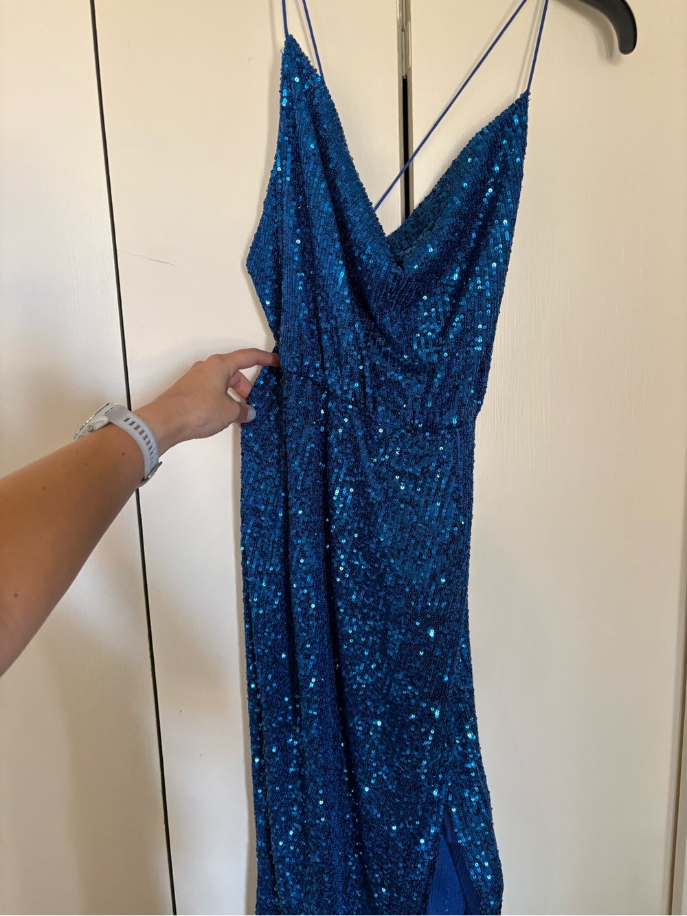 Royal Blue Sequin Cowl Neck Prom Dress with Spaghetti Straps